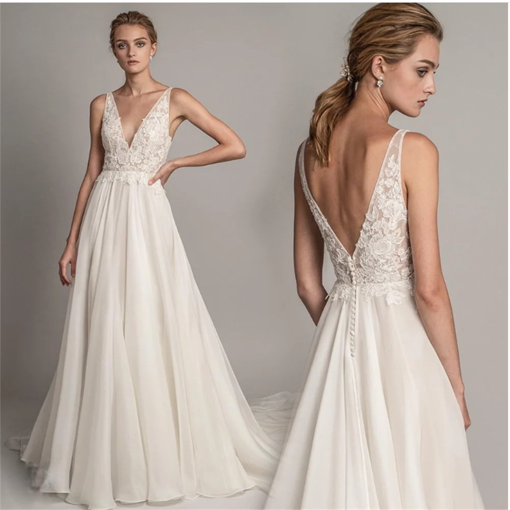 Abiti da sposa sexy in pizzo a V profondo Appliques in pizzo Fiori 3D con spalle scoperte Tulle Boho Abito da sposa 2024 nuovo personalizzato ﻿ A044