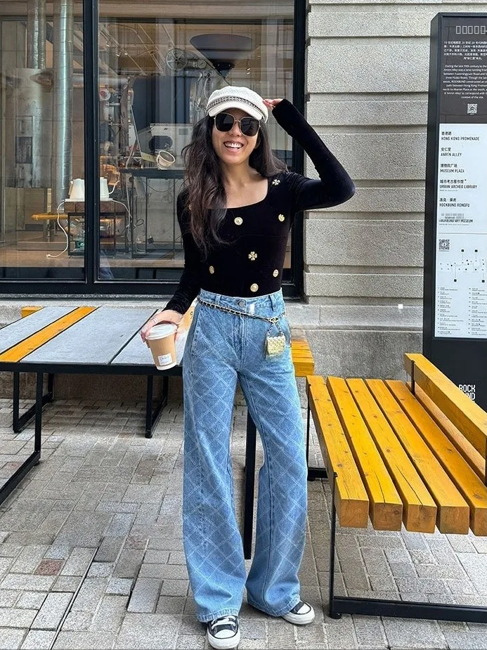 

Джинсы Blanini с высокой талией и широкими штанинами, с принтом под деним и цепным узором, в стиле ретро, женские, свободного кроя