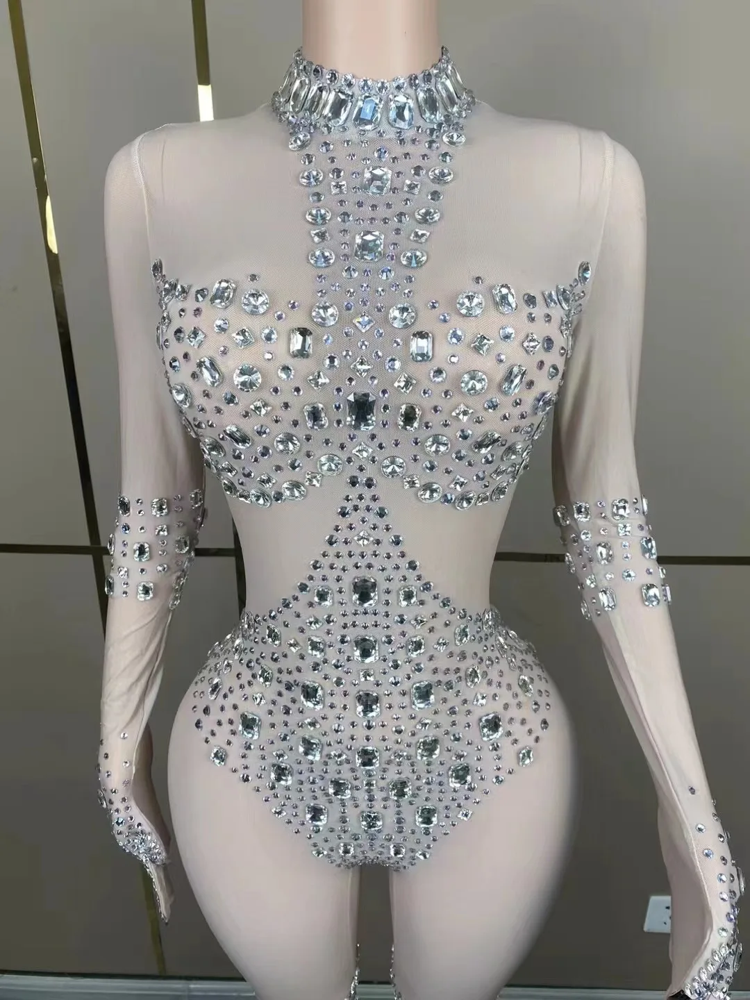 セクシーなステージ豪華なスパークリングラインストーンドレス透明メッシュ長袖手袋ボディスーツパーティークラブダンスパフォーマンスドレス