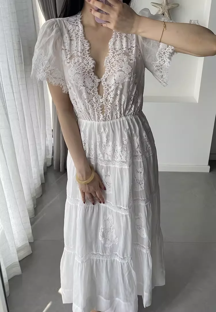 

Heavy Embroidery Ladies White Long Dress 2025 New Lace Patchwork V-Neck Short Sleeve High Waist Sweet Female 100% Ramie Robe