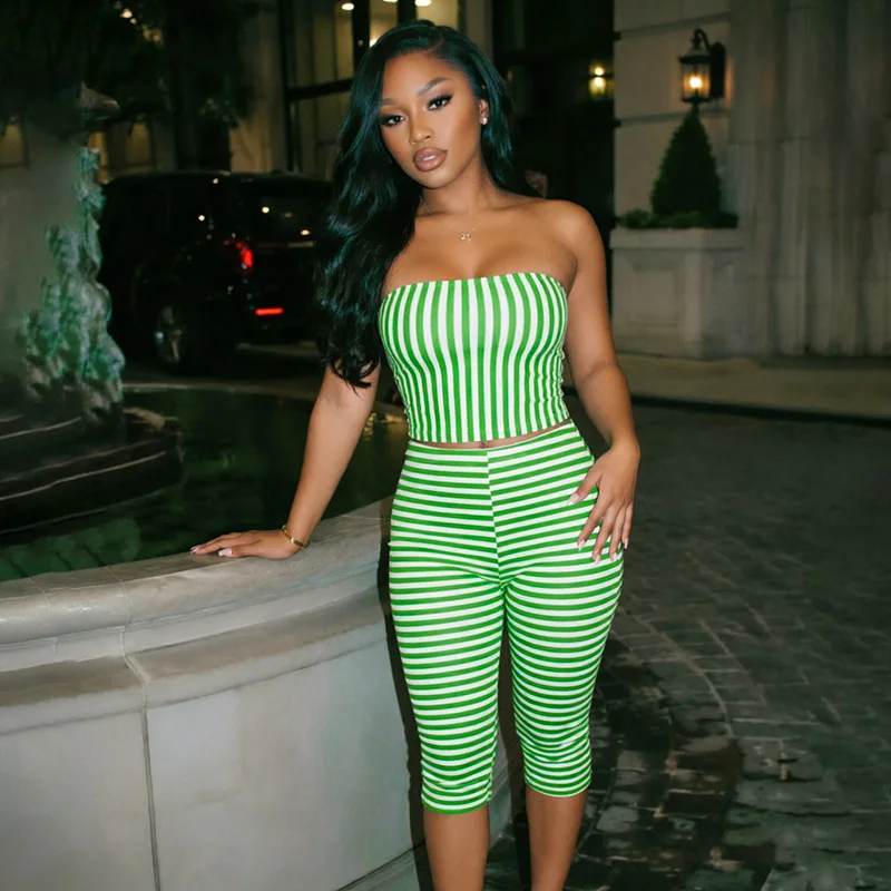 Ribbed Striped Women Slim 2 Piece Set Strapless Tanks Crop Tops + Skinny Calf Length Pants Casual Streetwear Suits Clubwear