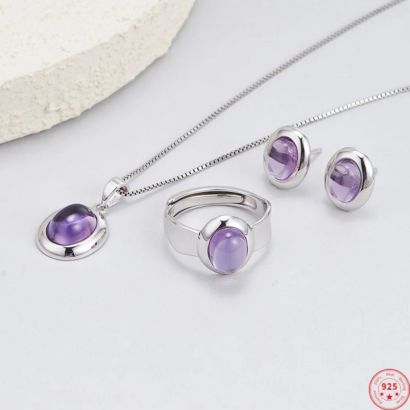 

Комплект ювелирных изделий из стерлингового серебра S925 для женщин и мужчин, минималистичный узор, инкрустированное натуральным аметистом, кольцо, кулон, серьги, ювелирные изделия, оптовая продажа