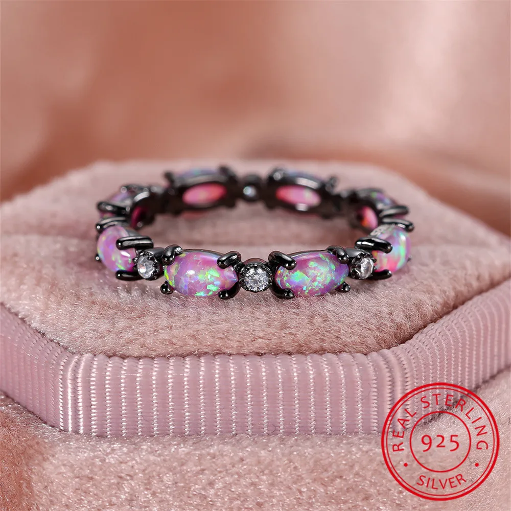 

Vintage Black Metal Purple Opal Oval Stone Ring Real 925 Sterling Silver Engagement Rings For Women Wedding Band Jewelry