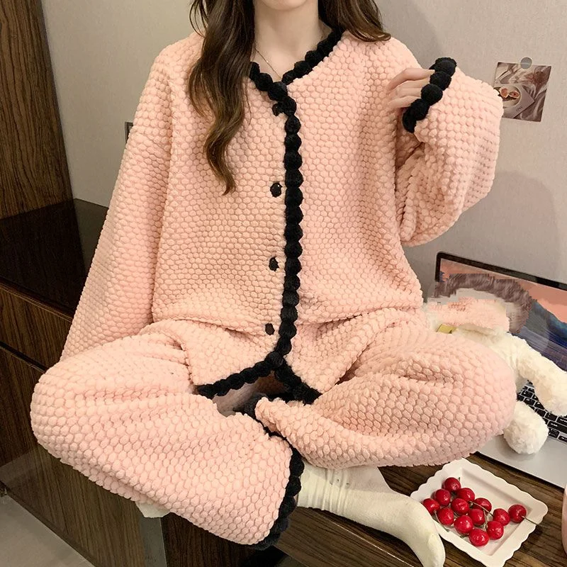 

Women's Coral Fleece Pajama Set Cute Two Piece Spring Autumn Winter Warm Sleepwear Cozy Comfortable Flannel Loungewear Homewear