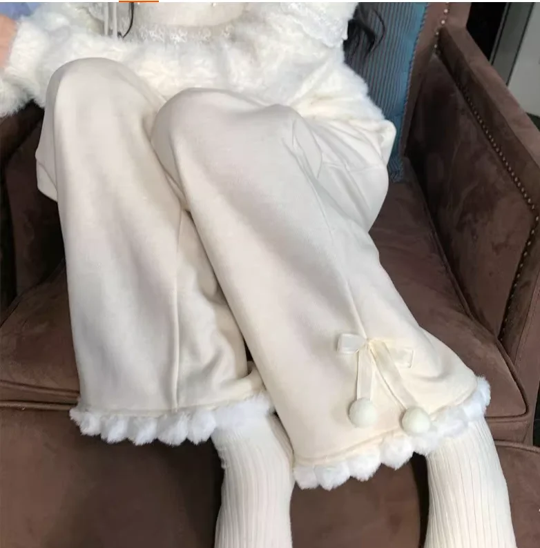 Large Size Women Autumn Winter Fleece Thickened Hairball Bow Knitted Wide-leg Pants Fashion Leisure Apricot Straight-leg Pantses