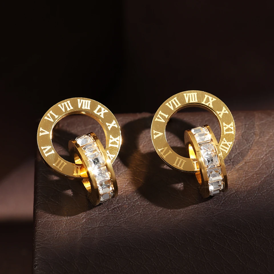 Uilz 2024 New Design Gold Color Double Ring Hoop Earrings For Women Luxury Zircon Roman Numerals Earring Daily Wear Jewelry