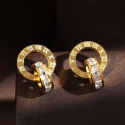 Uilz 2024 New Design Gold Color Double Ring Hoop Earrings For Women Luxury Zircon Roman Numerals Earring Daily Wear Jewelry