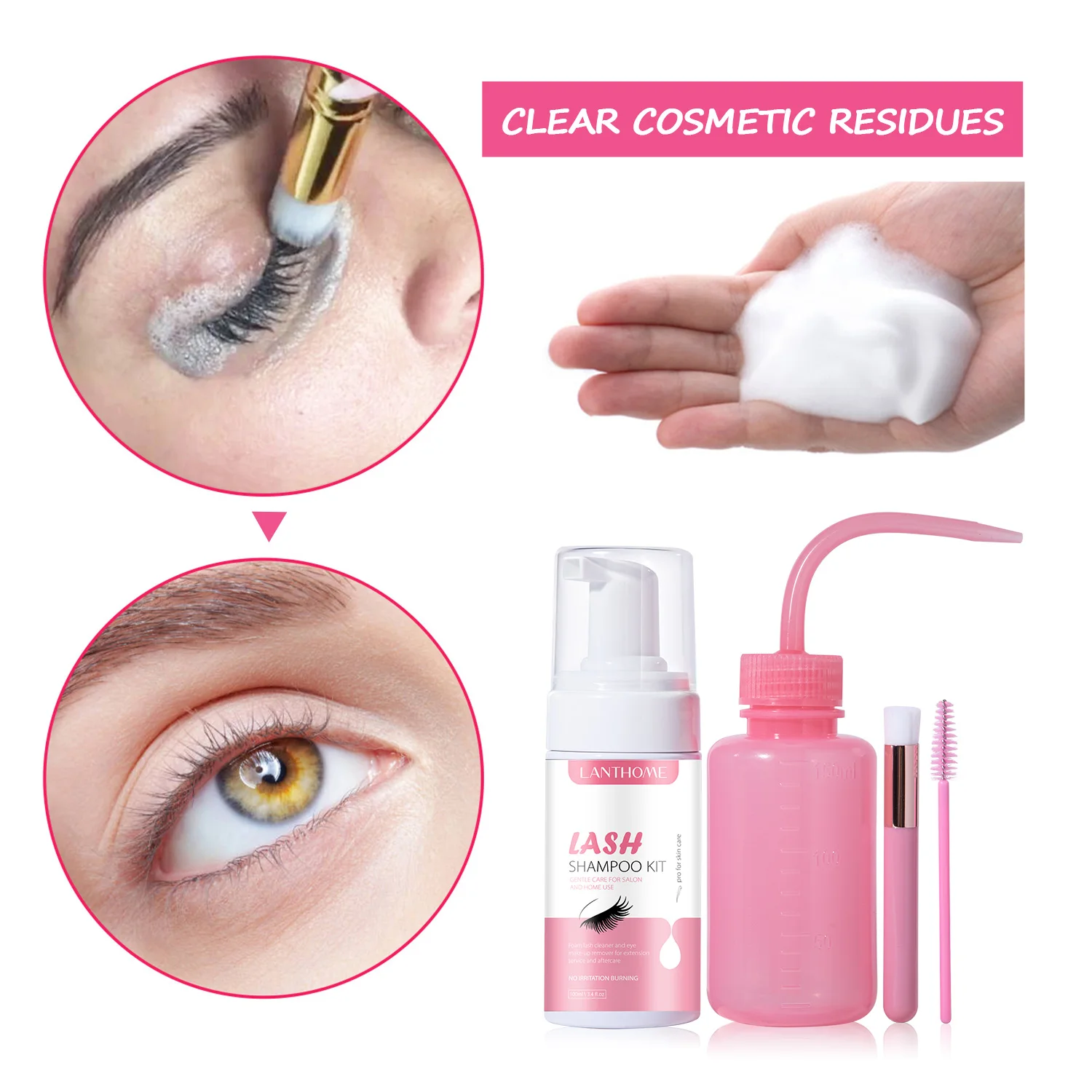 100ml Eyelash Extension Cleaning Kit Lash Shampoo Brush Foam Washing Bottle Mascara Wands Eyelash Gel Pads for Salon Supplies