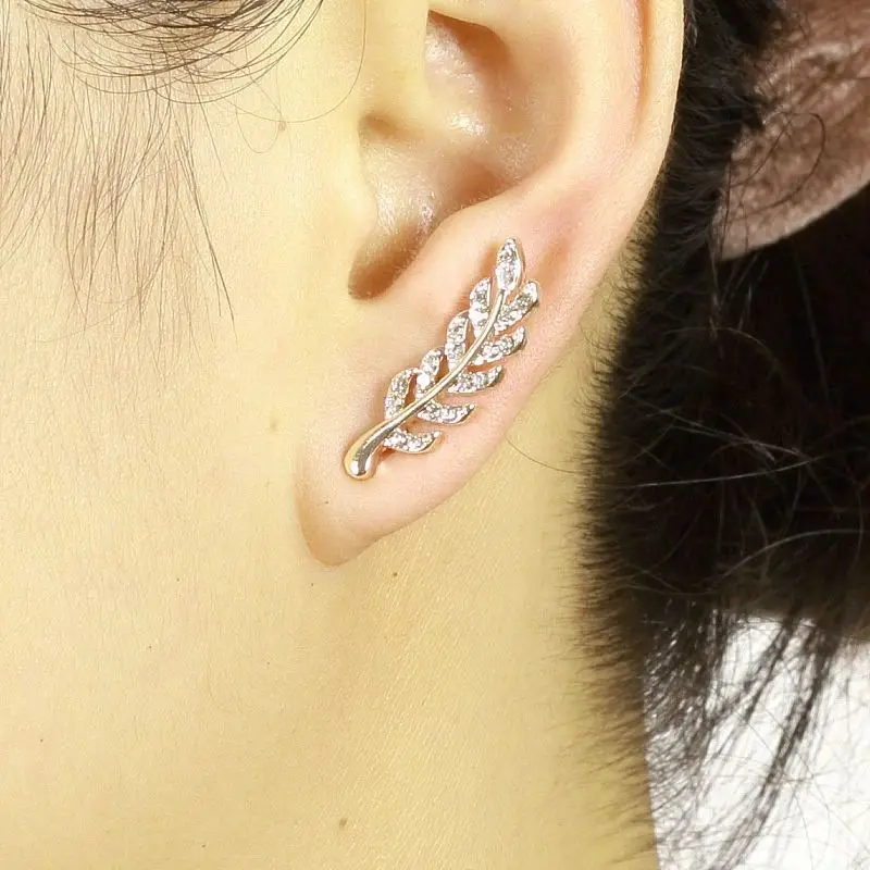 2024 New Crystal Feather Stud Earrings for Women Gold Color Silver Color Leaf Shape Girls Small Earrings Fashion Ear Jewelry