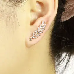 2024 New Crystal Feather Stud Earrings for Women Gold Color Silver Color Leaf Shape Girls Small Earrings Fashion Ear Jewelry
