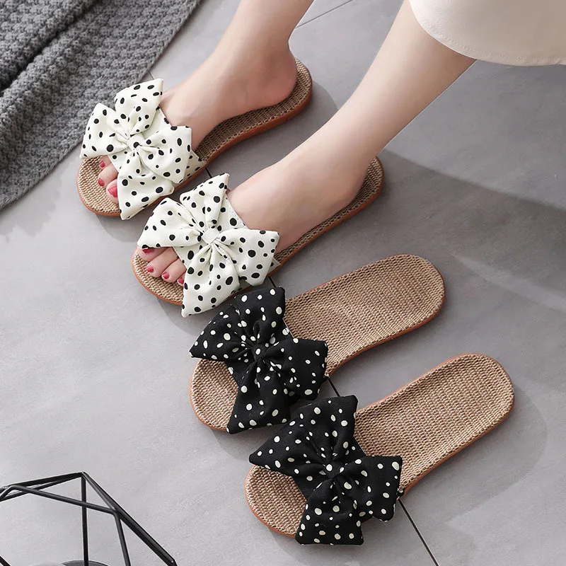 Casual Women Slides Comfortable Flax Slippers Print Bow Linen Flip Flops Platform Sandals Ladies Indoor Shoes Zapatos