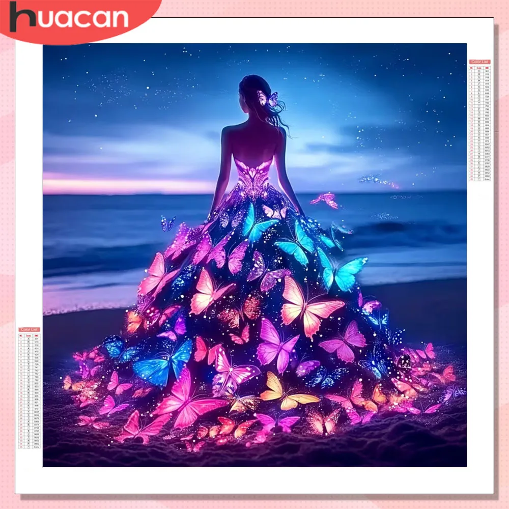 HUACAN Diamantmalerei Frauenporträt Figur Diamantkunst Schmetterling am Meer Vollquadratisch Rund Aufkleben Hobby Kreativ 5D DIY