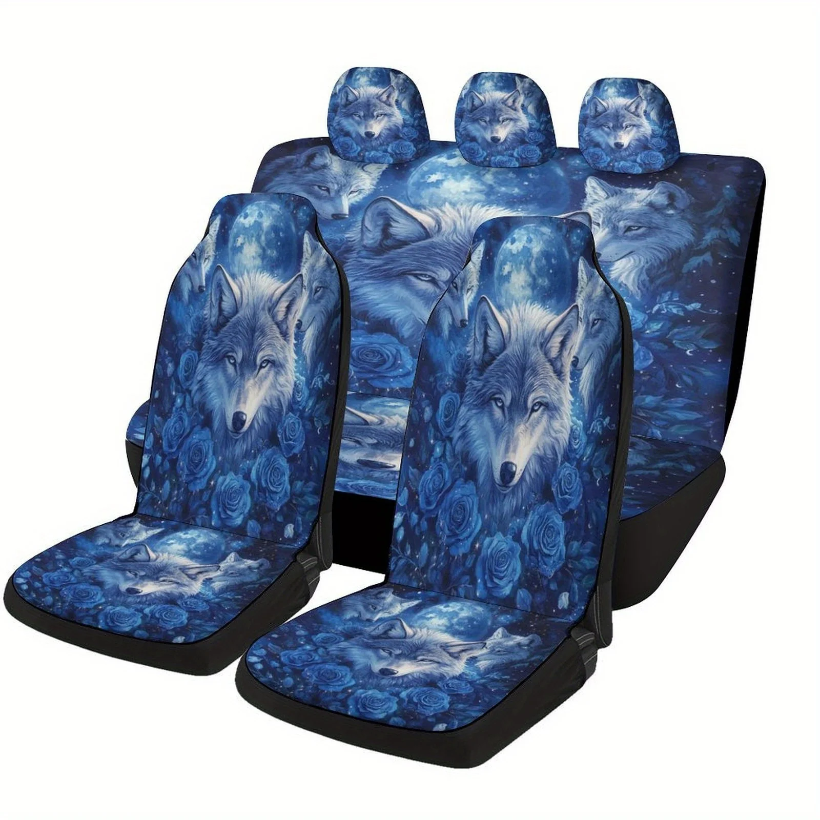 Set Of Car Seat Covers Featuring A Wolf Moon And Roses Design, Suitable For Various Vehicles. This Stylish And Unique Full Set I