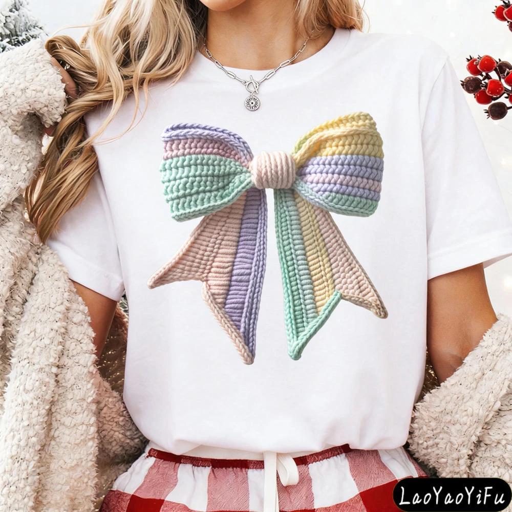 Rainbow Imitate Knit Bow Women T Shirt Casual Fashion Bow Prints Tops Cotton T Shirt  Short Sleeve Tees Y2k Tops Women Clothing