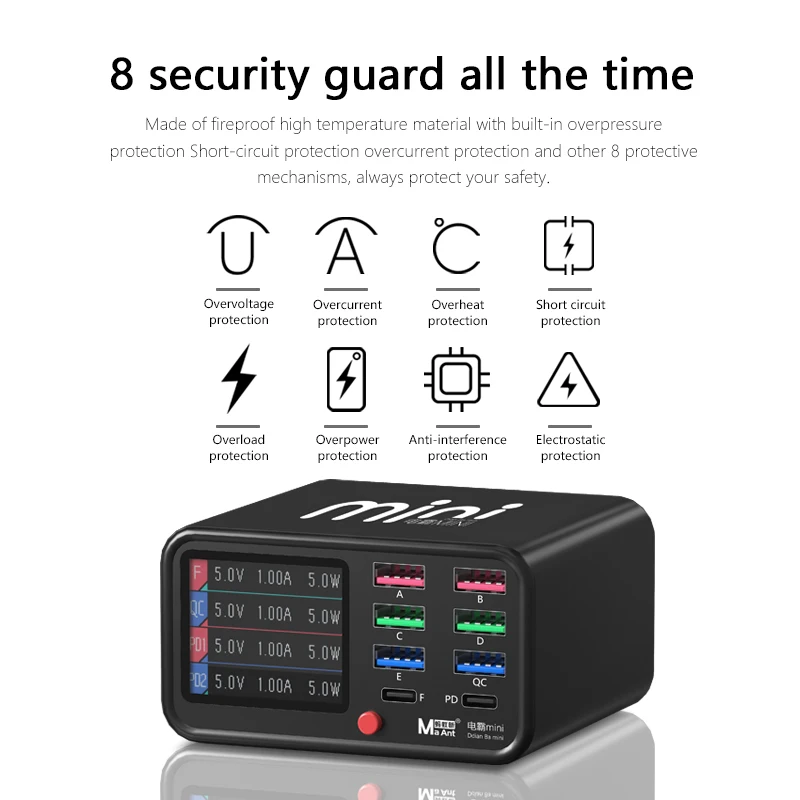 Maant DianBa محطة شحن سطح المكتب الصغيرة Powermaster Mini 8 منافذ شحن سريع متعدد الوظائف 18 وات PD/QC منفذ شاحن Staion