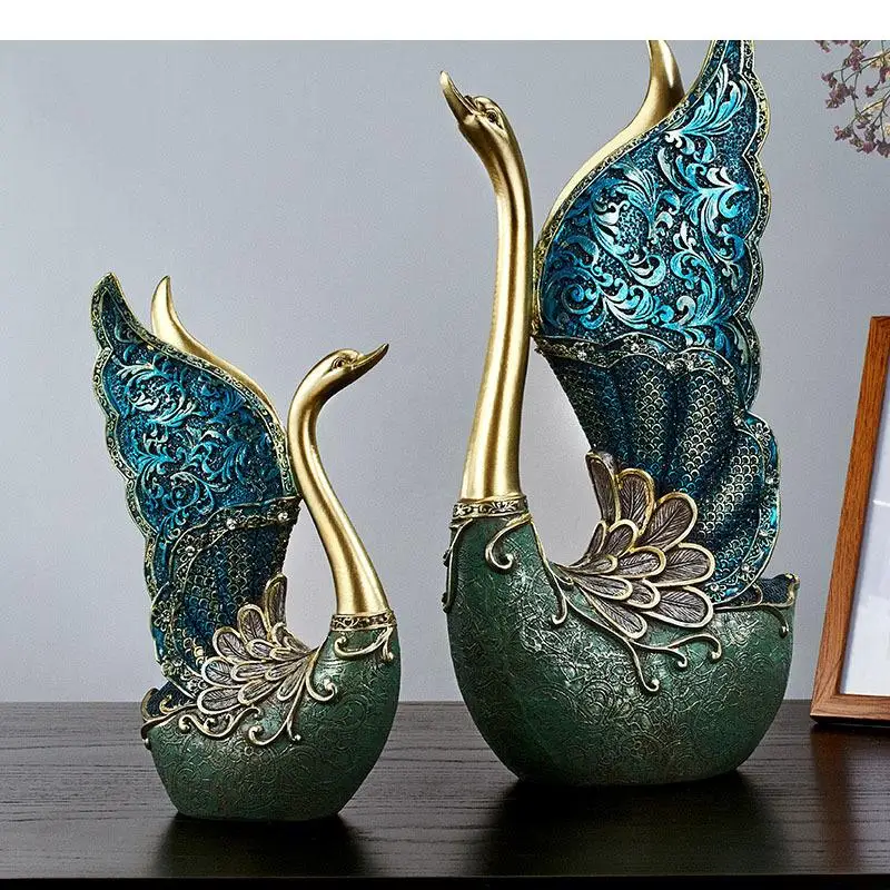 European Retro Painted Swan Statue 2pcs Resin Crafts Sculpture Desk Decoration Ornaments Wedding Gifts Vintage Home Decor