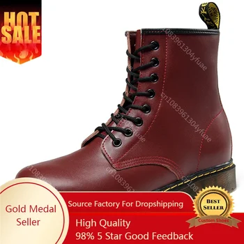 High quality genuine leather boots men classic designer wine red mens ankle boots for women Trendy high top lace-up winter boots