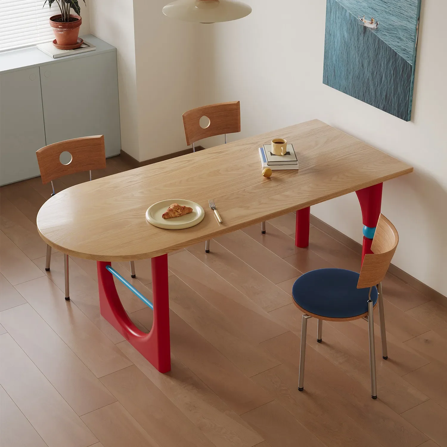 Solid wood dining table household small apartment Memphis color matching dining table log medium antique high-end desk