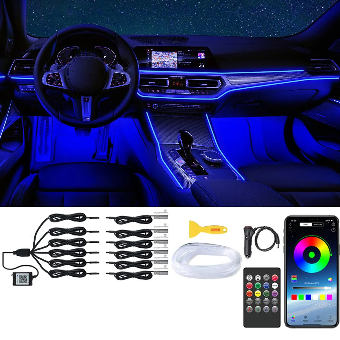 

6 in 1 Car Interior Ambient LED Light Kit RGB Strip Lights with Fiber Optic Tube APP and Remote Control Neon Mood Sync Lighting