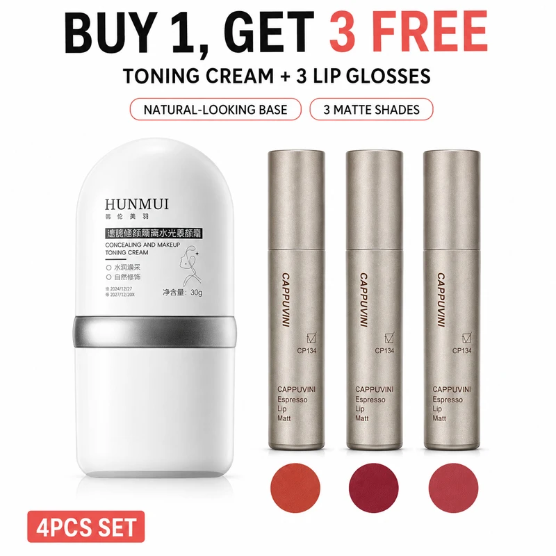 HUNMUI Tone Up Cream with 3 Free Matte Lip Glosses 4PCS Makeup Set, Lightweight Makeup Base, Long Lasting Velvet Liquid Lipstick