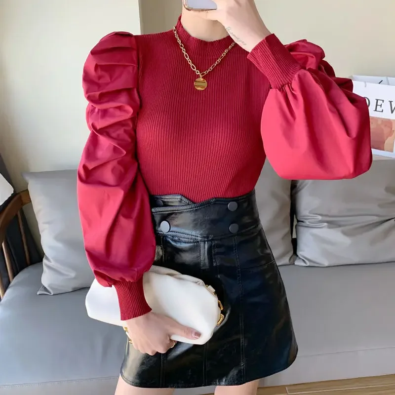 Trend Puff Sleeve Short Tops Tees Spring Autumn New O-neck Solid Slim Patchwork T Shirts Street Casual Fashion Women Clothing