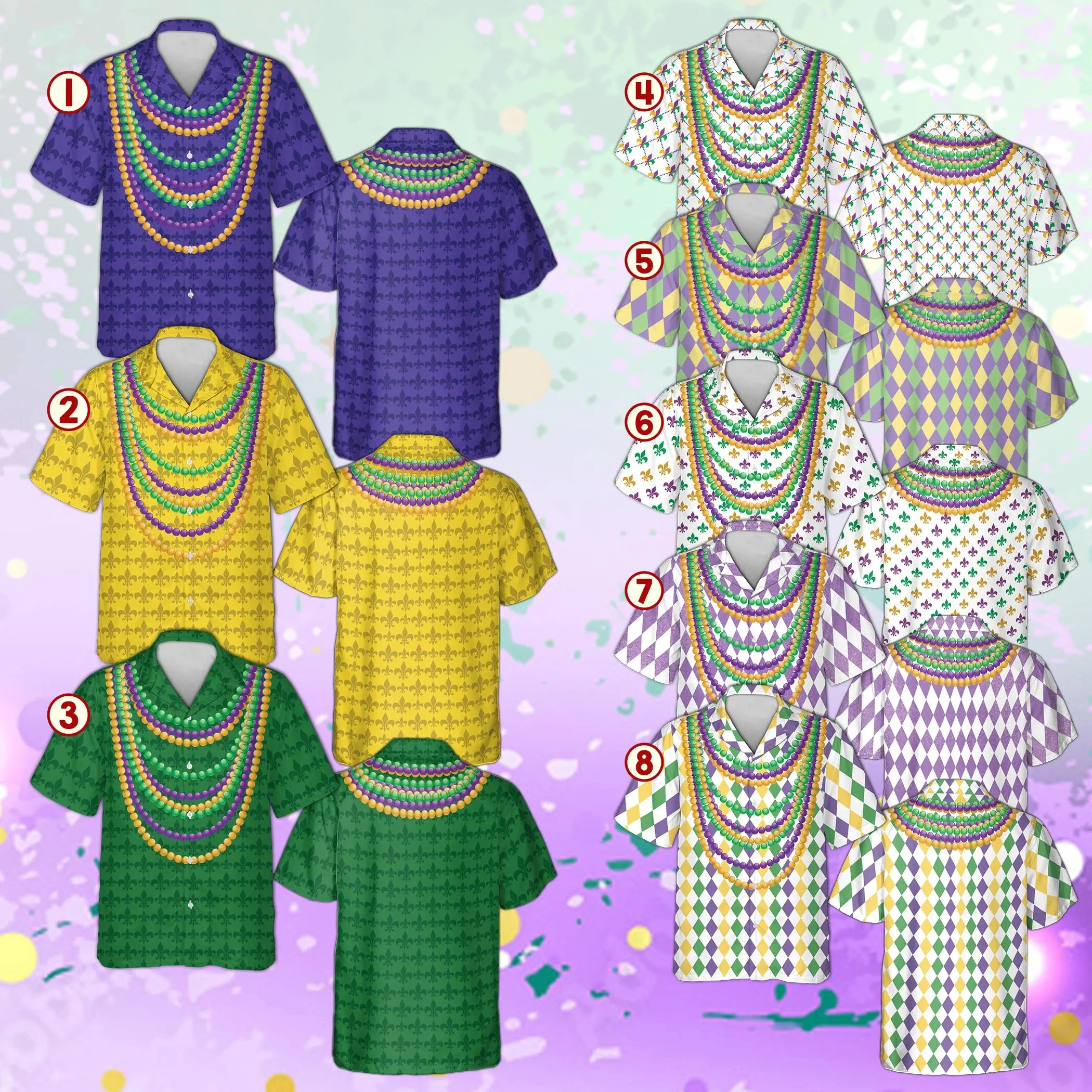 

Mardi Gras Beads Necklace Hawaiian Shirt, Fleur De Lis Aloha Top, New Orleans Carnival Festival Outfit, Fat Tuesday Parade