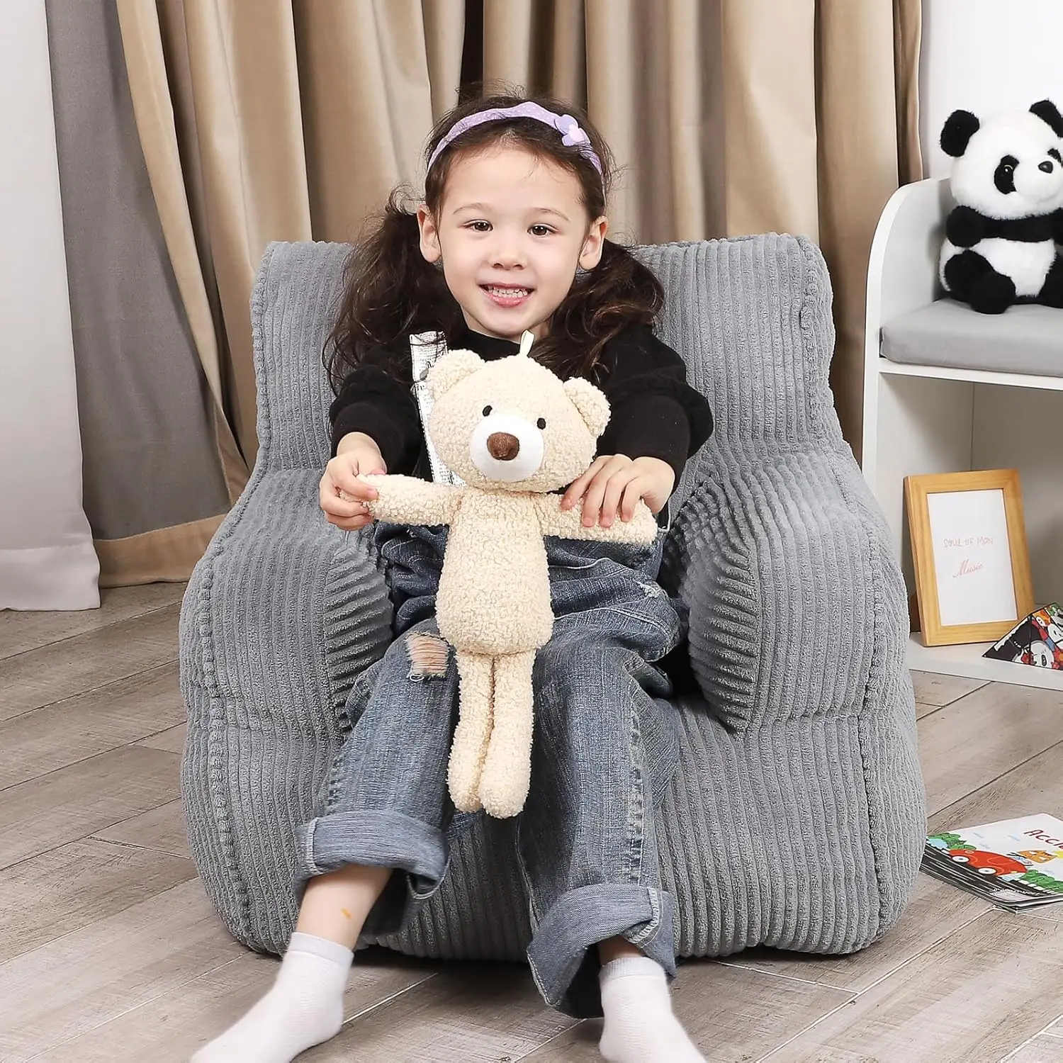 Bean Bag Chair with a Plush Bear, Comfy Toddler Chair for Boys and Girls, Grey