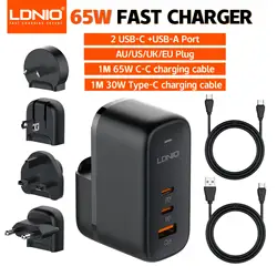 LDNIO 65W USB C Charger Travel Charger GaN Charger 3 Port International Plug Adapter EU UK US AU Travel Plug Adapter Power Cord