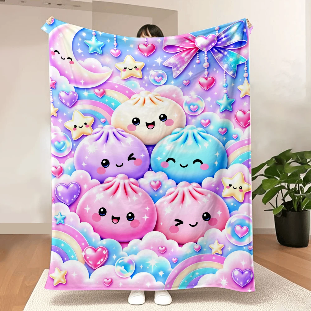 1PC Kawaii Dumpling and Rainbow Print Blanket-Made of soft, fluffy flannel, perfect for bed or sofa. Colorful bedroom decor is a