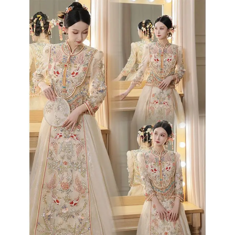 

Yourqipao Champagne Xiuhe Clothing 2023 New Bride Chinese Wedding Dresses Bridal Toast Clothing Heavy Beaded Plus Size 6XL Sets