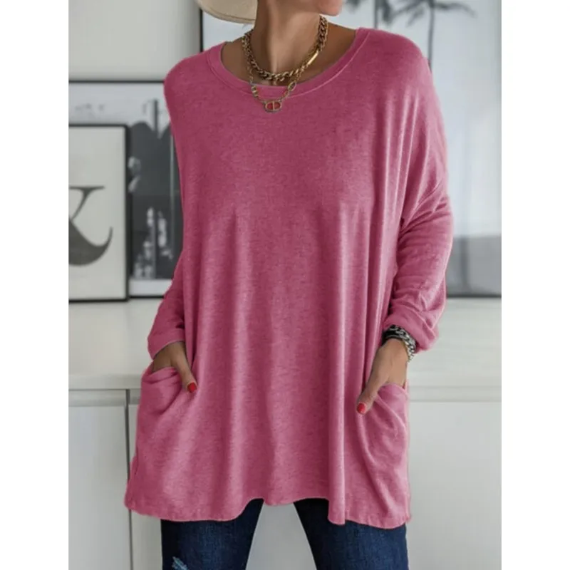 

Women's Solid Pockets T-shirt Top Fashion Casual Loose Autumn Winter Simple O-neck Long Sleeved Pullover All-match T shirts Tops