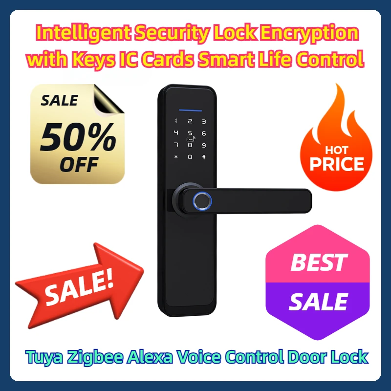 Intelligent Security Lock Encryption with Keys IC Cards Smart Life Control Tuya Zigbee Alexa Voice Control Door Lock