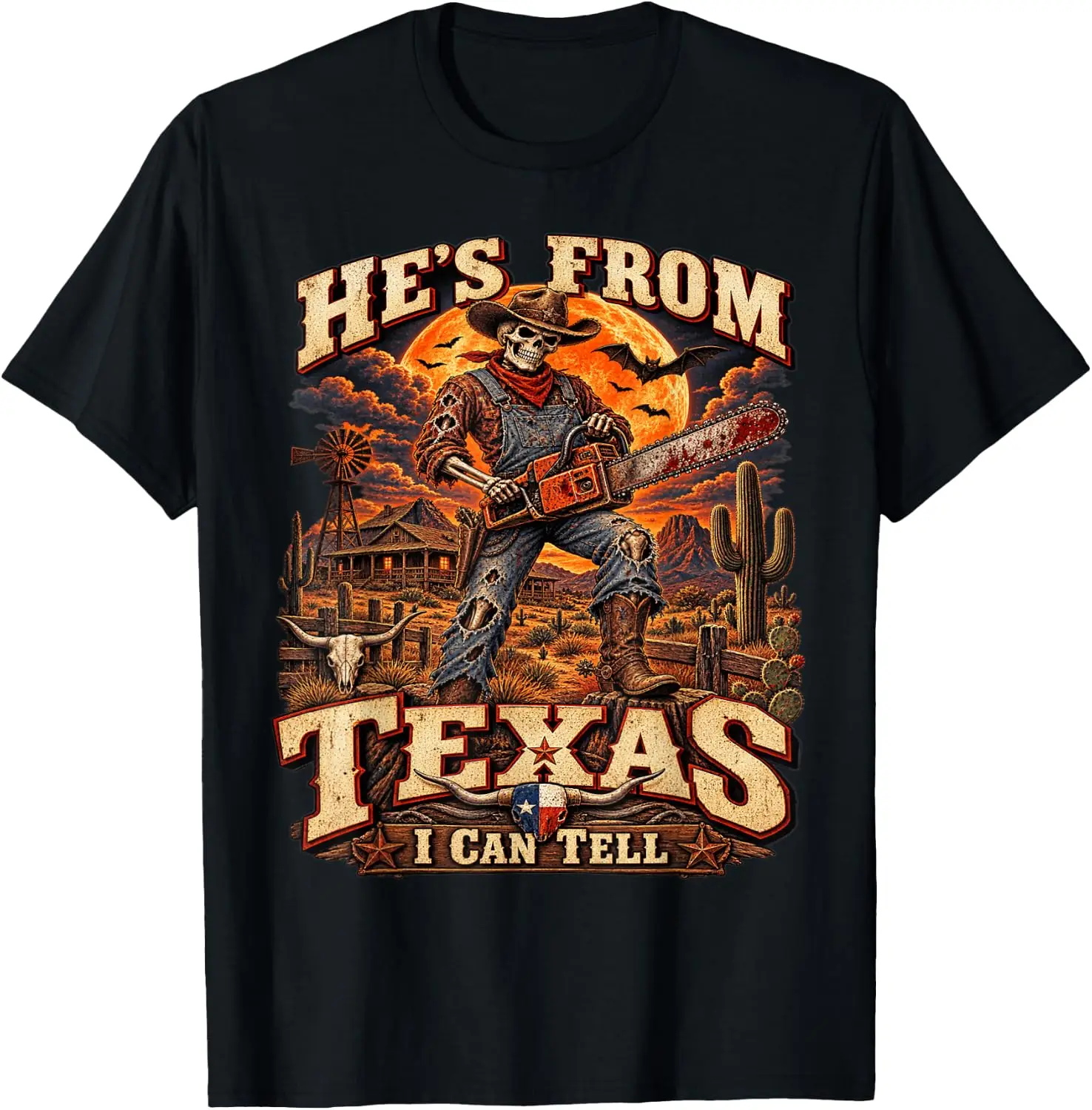 He's From Texas Skeleton Chainsaw Horror T-Shirt Stylish, Breathable, 100% Cotton Short-Sleeve Tee With Fun, Humorous
