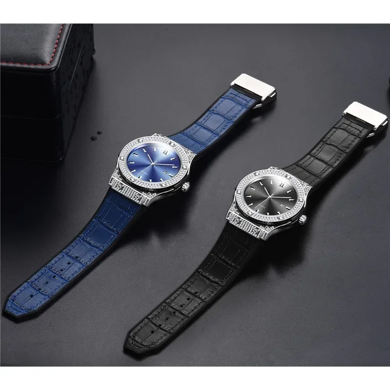 Hip Hop Bule Diamond Luxury Brand Mens Fashion Rubber Band Watch