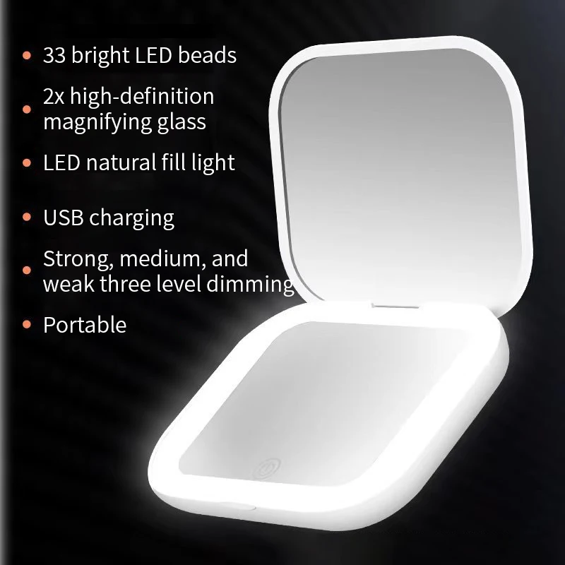 Compact Small Mini Gift Vanity Table Folding Led Lights Portable Hand Held Pocket Makeup Mirror 2X magnifying