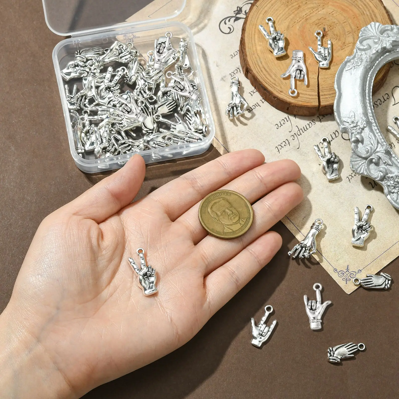 Pandahall 50Pcs 5 Styles Tibetan Hand Gesture Charm Victory Sign Pendants Mini Love Finger Charms for Necklace Earrings Making image 4