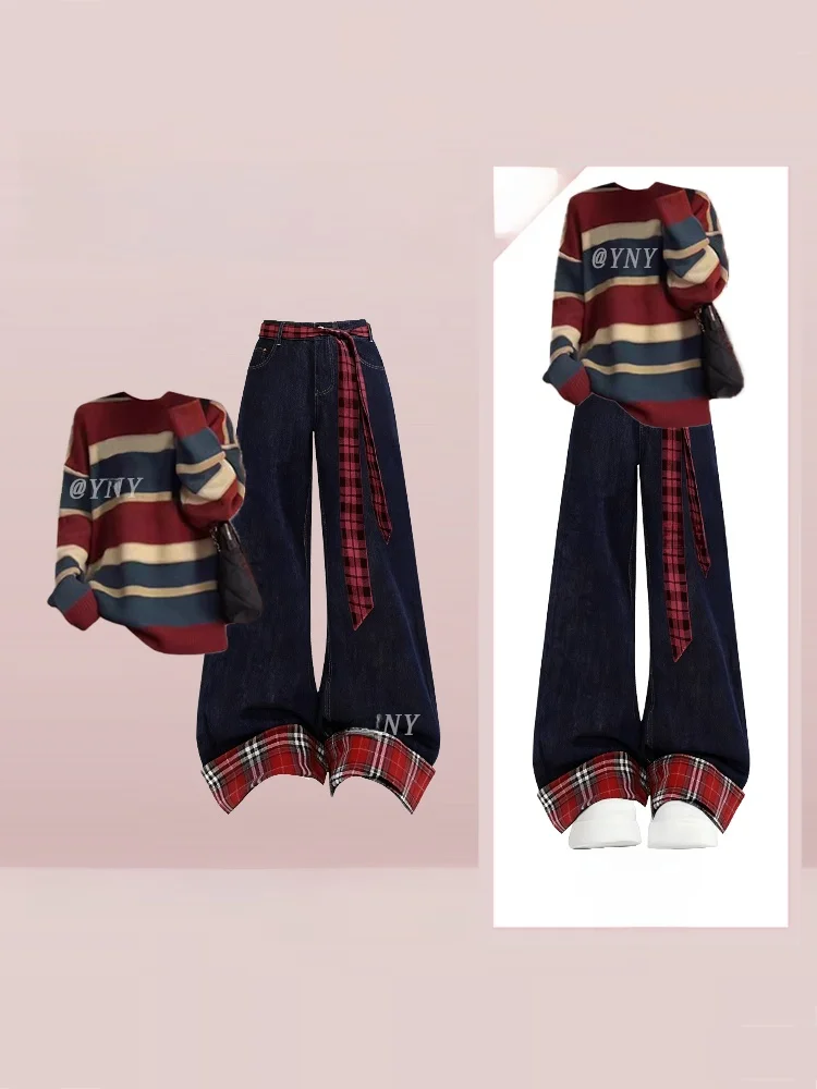 

Korean Style Lazy Chic Plaid Knitwear And Belted Denim Pants Autumn Winter Two-Piece Set Long Sleeve Sweater Striped Pattern