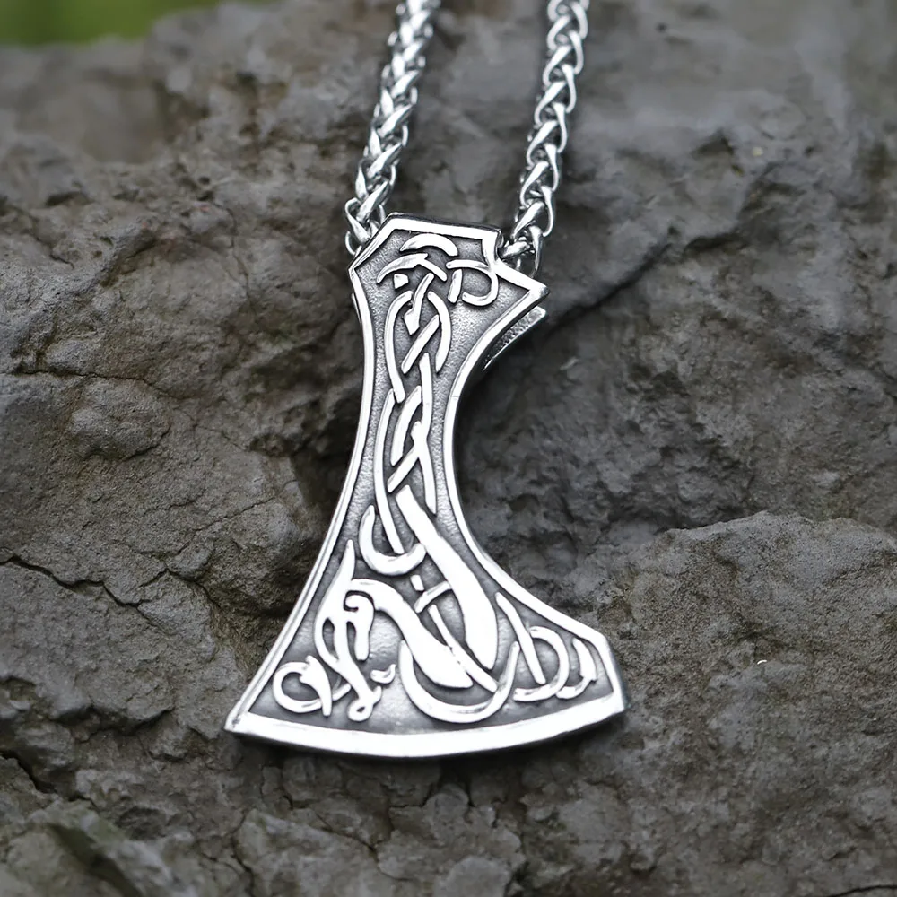 2022 NEW Men\'s 316L stainless-steel Viking Celtic dragon Axe Pendant Necklace scandinavian Rune Jewelry Gift free shipping