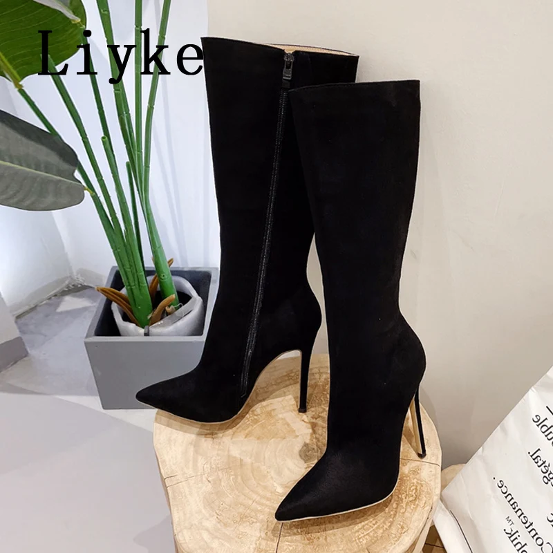 

Liyke Sexy Pointed Toe Zip Motorcycle Knee High Boots Women Autumn Winter Stiletto Heels Stripper Shoes Female Booties Mujer