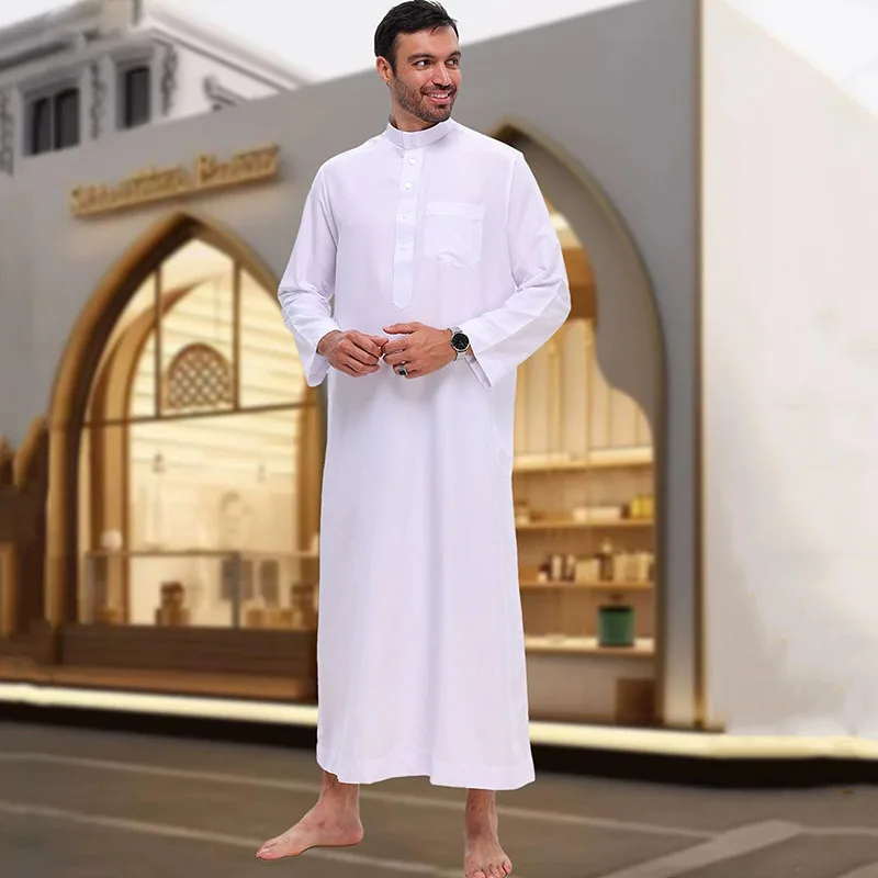 ملابس رجالية إسلامية بيضاء طويلة الأكمام فضفاضة مسلم رداء طويل رجل عباية قفطان عربي زر الوقوف طوق ثوب جوبا