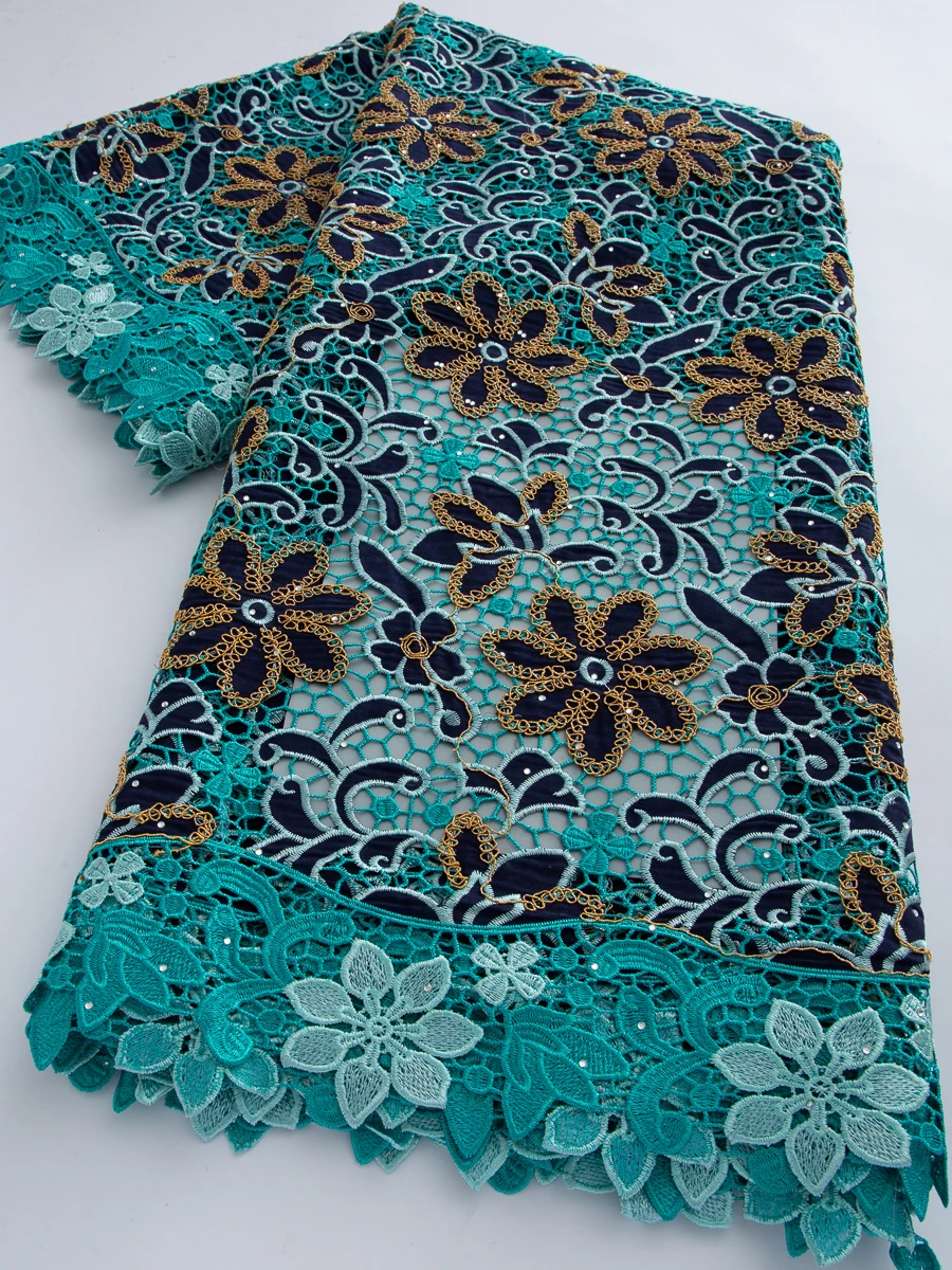 5 yardas de tela de encaje de algodón soluble en agua, color verde azulado, azul marino y dorado, con corte láser, encaje suizo nigeriano africano con piedras para vestido de novia