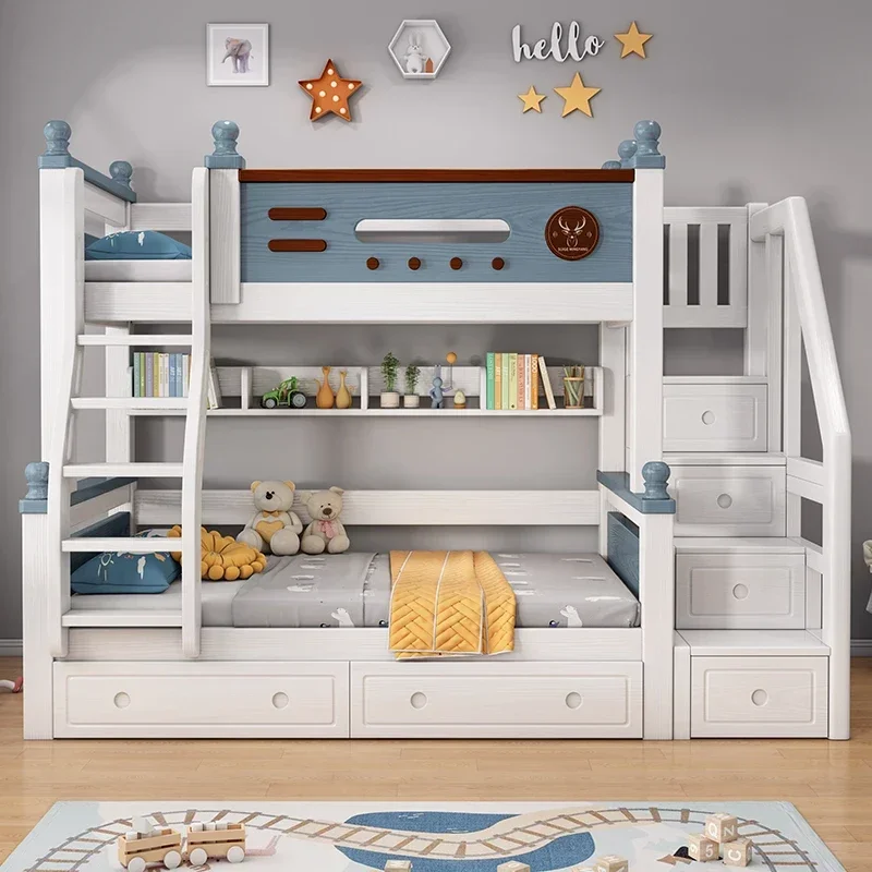 Rubberwood children's bed, solid wood bunk bed, storage, high and low mother and son beds, teen bunk beds, furniture, split beds