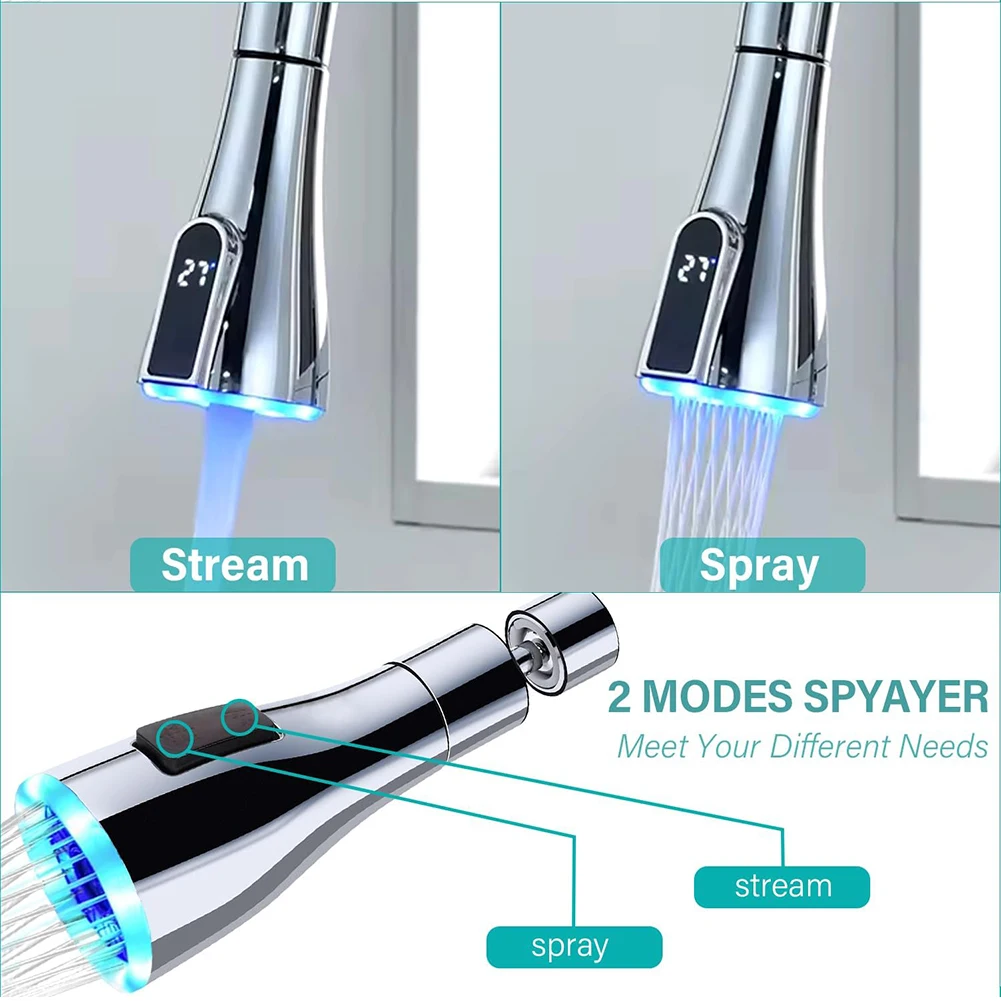 Pull Out Kitchen Faucet Nozzle G12 with LED Digital Water Temperature Display and Two Spray Modes Designed for Kitchen Sink Use view 5