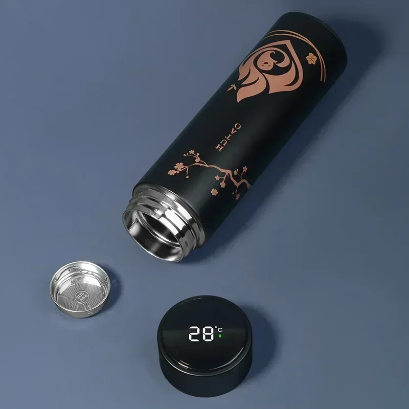 Genshin قارورة مفرغة زجاجات مياه LED عرض درجة الحرارة أكواب القهوة الفولاذ المقاوم للصدأ لعبة Zhongli Xiao أنيمي الترمس الكؤوس