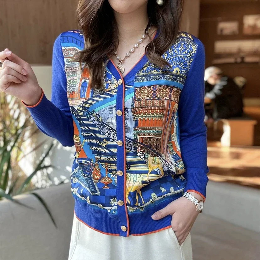 Casual Printed Spliced Shirt Fashion Single-breasted 2024 Spring Autumn Long Sleeve Female Clothing Elegant V-Neck Loose Blouse