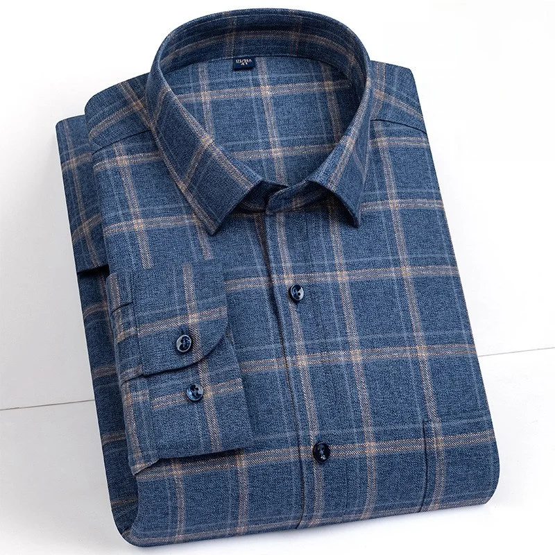 

Осенне-зимняя утепленная шерстяная рубашка с длинным рукавом для мужчин среднего возраста, теплая, в клетку, с флисовой подкладкой, с воротником Cleanfit