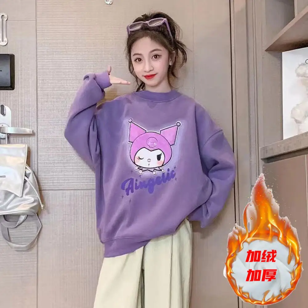 

Флисовые толстовки Sanrio Kuromi для девочек, детская одежда, новинка 2024, детские утепленные топы на осень и зиму, одежда для девочек
