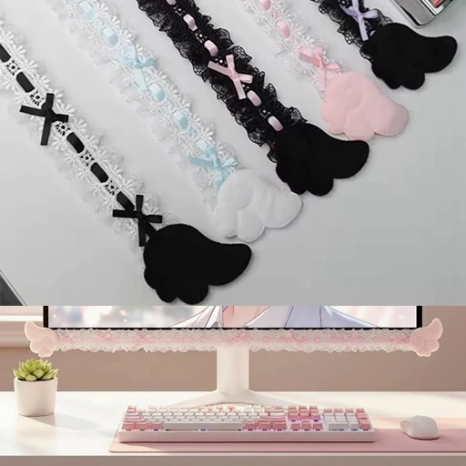 [1Pcs Computer Monitor Decor Strip Stickers Black Bow Lace Wings Design Desk Screen Decor Gaming Room Display Screen Ornaments]