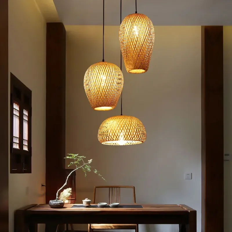 ‌Bamboo Lampshade LED Pendant Light Natural Rattan Hand Woven Chandelier Ceiling Hanging Fixtures Bedroom Restaurant Lighting