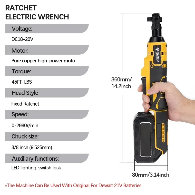 Electric Goddess Electric Ratchet Wrench Tool 3/8' Multi-Function Auto Repair Power Tool Home Handheld Wrench for Dewalt Battery